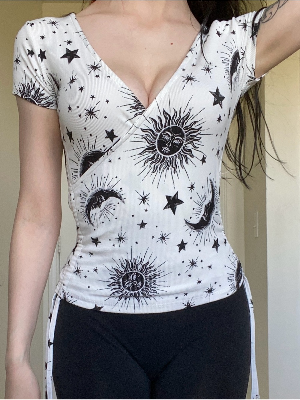 Rue21 White Wrap Ribbed Top with Black Celestial Print